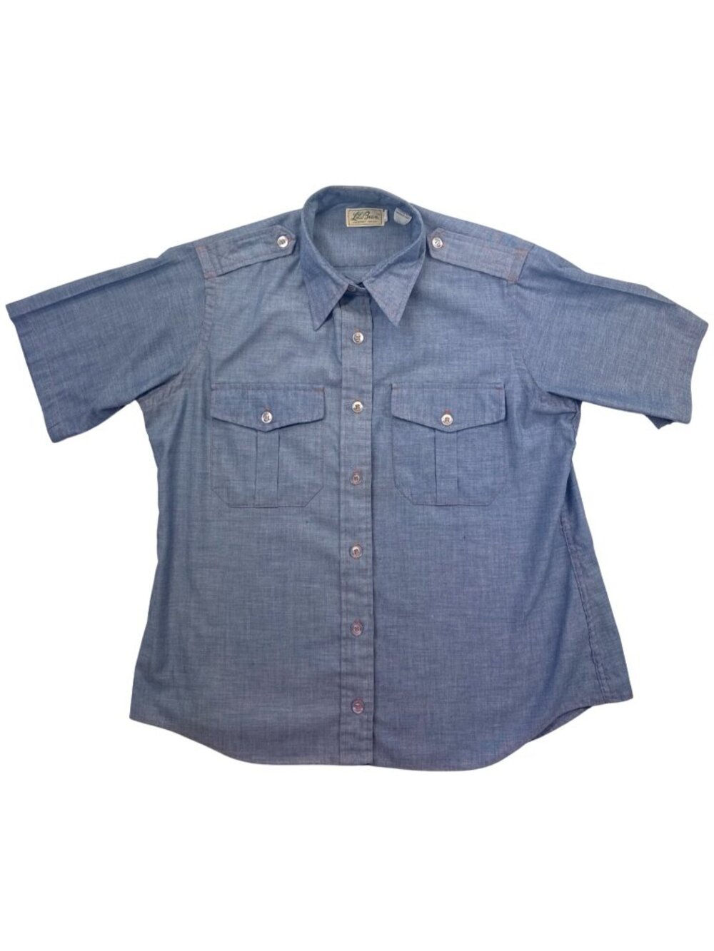 Vintage 70s L.L. Bean Blue Chambray Denim Shirt Size 12 Short Sleeve Button up